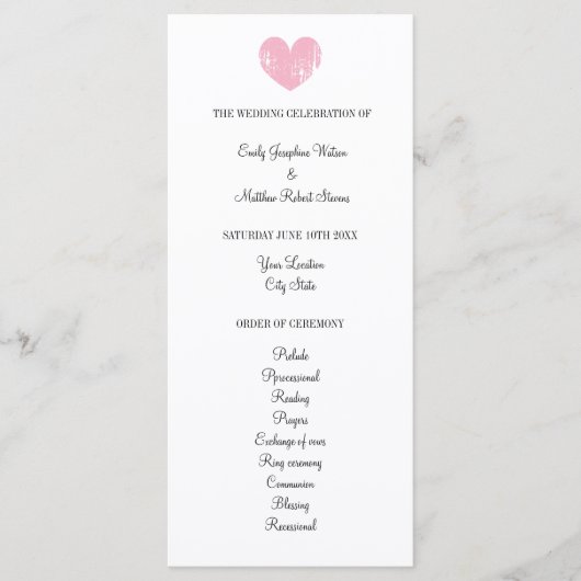 Elegant huwelijksprogramma met rustiek roze hart programmakaart (Voorkant)