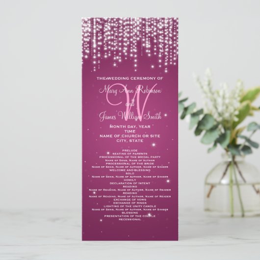 Elegant huwelijksprogramma Night Dazzle Berry Pink Programmakaart (Staand voorkant)