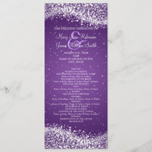 Elegant huwelijksprogramma sprankelende golf Paars Programmakaart (Voorkant)