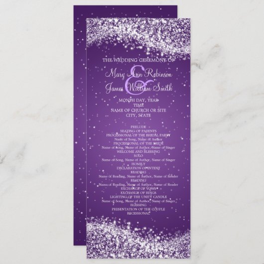 Elegant huwelijksprogramma sprankelende golf Paars Programmakaart (Voorkant / Achterkant)