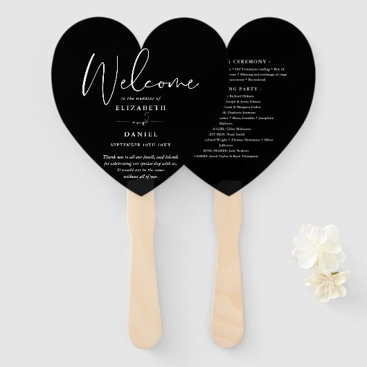 Elegant Huwelijksprogramma Zwart en Wit Hart Handwaaier (Voorkant en achterkant)