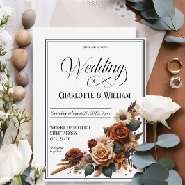 Elegant huwelijksscript Bruin Bloemen Wit Kaart