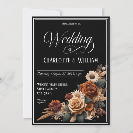 Elegant Huwelijksscript Bruin Bloemmotief Kaart (Voorkant)