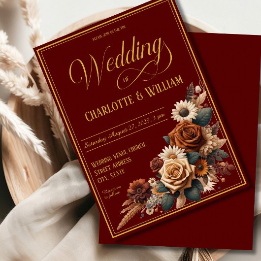 Elegant huwelijksscript Bruine Bloemen Kaart