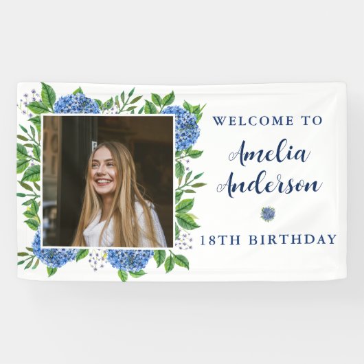 Elegant Hydrangea Aangepast Foto 18e verjaardag Spandoek (Horizontaal)