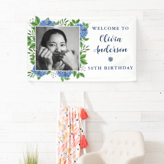 Elegant Hydrangea Aangepast Foto 50e verjaardag Spandoek (Insitu)