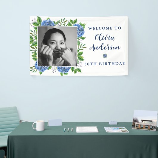 Elegant Hydrangea Aangepast Foto 50e verjaardag Spandoek (Beurs)