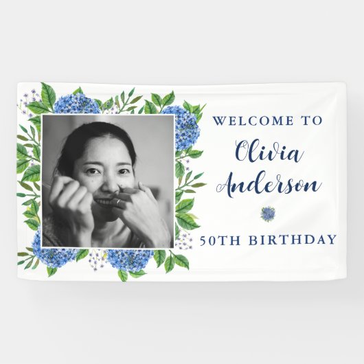 Elegant Hydrangea Aangepast Foto 50e verjaardag Spandoek (Horizontaal)