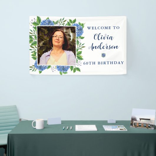 Elegant Hydrangea Aangepast Foto 60e verjaardag Spandoek (Beurs)