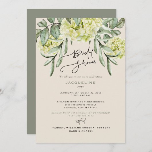 Elegant Hydrangea Beige and Sage Vrijgezellenfeest Kaart (Voorkant / Achterkant)