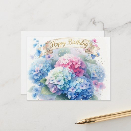 Elegant Hydrangea Blooms Happy Birthday Postcard Briefkaart (Voorkant / Achterkant in situ)