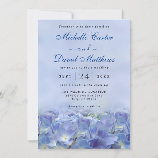 Elegant Hydrangea Blue Florals Wedding Invitation Kaart (Voorkant)