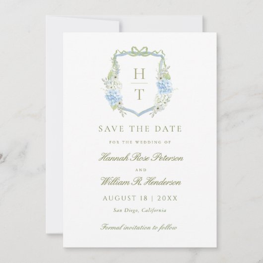 Elegant Hydrangea Crest Wedding  Save The Date (Voorkant)
