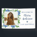 Elegant Hydrangea Custom Photo 21st Birthday Party Spandoek<br><div class="desc">Elegant Hydrangea Custom Photo 21st Birthday Party Banner is een prachtige waterverf met blauwe hydrangea en groene. U kunt de tekst personaliseren en een foto toevoegen.</div>