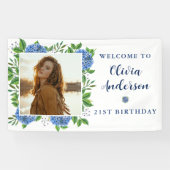 Elegant Hydrangea Custom Photo 21st Birthday Party Spandoek (Horizontaal)