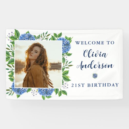 Elegant Hydrangea Custom Photo 21st Birthday Party Spandoek (Horizontaal)