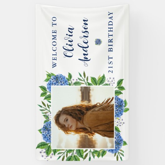 Elegant Hydrangea Custom Photo 21st Birthday Party Spandoek (Verticaal)