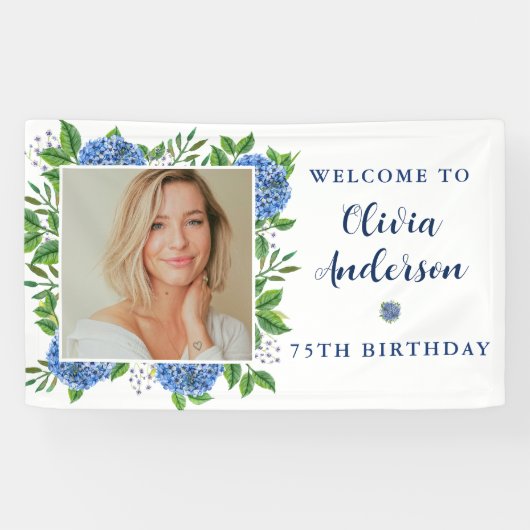 Elegant Hydrangea Custom Photo 75th Birthday Party Spandoek (Horizontaal)