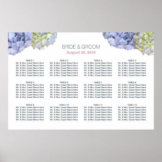 Elegant Hydrangea Flowers Wedding Seding Chart Poster (Voorkant)