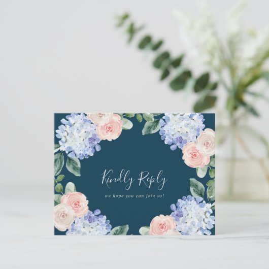 Elegant Hydrangea Navy Song Request RSVP Briefkaar Uitnodiging Briefkaart (Staand voorkant)