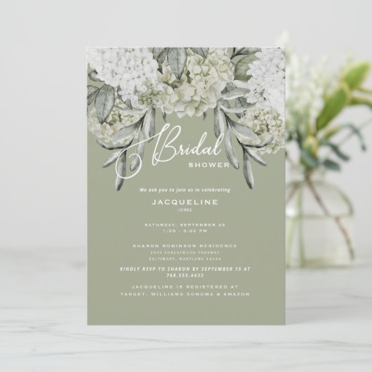 Elegant Hydrangea Sage Bridal Shower Invitation Kaart (Staand voorkant)