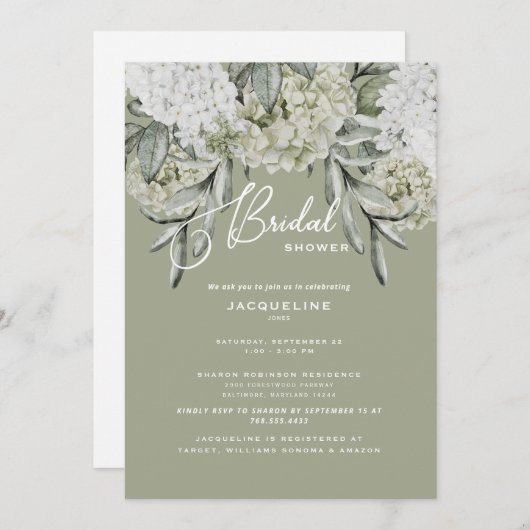 Elegant Hydrangea Sage Bridal Shower Invitation Kaart (Voorkant / Achterkant)