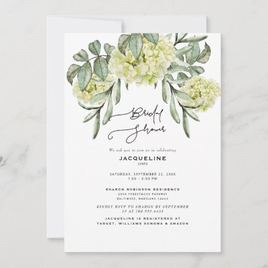 Elegant Hydrangea White Bridal Shower Invitation Kaart (Voorkant)