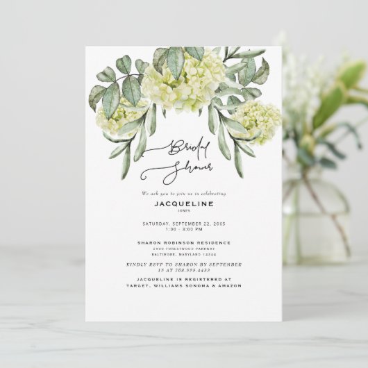 Elegant Hydrangea White Bridal Shower Invitation Kaart (Staand voorkant)