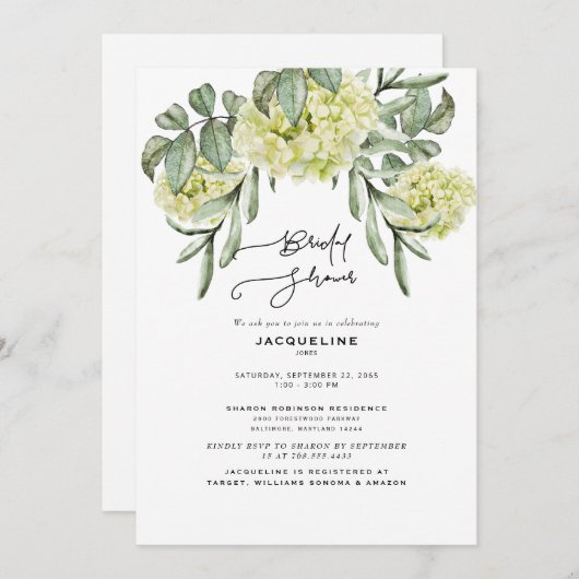 Elegant Hydrangea White Bridal Shower Invitation Kaart (Voorkant / Achterkant)