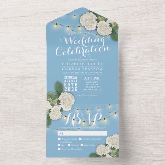 Elegant Hydrangeas String Lights Blue Wedding RSVP All In One Uitnodiging (Binnen)