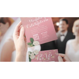 Elegant Hydrangeas String Lights Pink Wedding RSVP All In One Uitnodiging