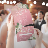 Elegant Hydrangeas String Lights Pink Wedding RSVP All In One Uitnodiging