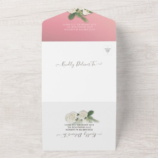 Elegant Hydrangeas String Lights Pink Wedding RSVP All In One Uitnodiging (Buitenkant)