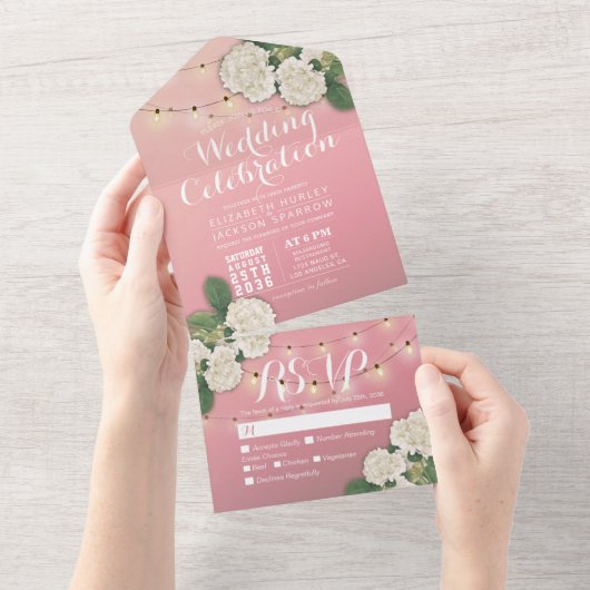 Elegant Hydrangeas String Lights Pink Wedding RSVP All In One Uitnodiging (Afscheurbaar)