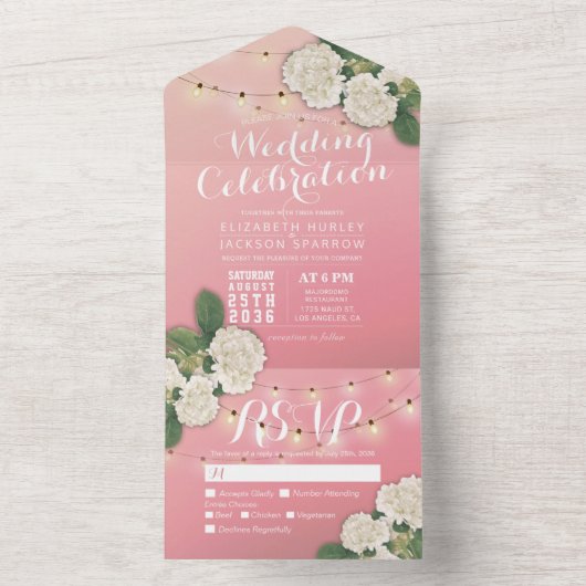 Elegant Hydrangeas String Lights Pink Wedding RSVP All In One Uitnodiging (Binnen)