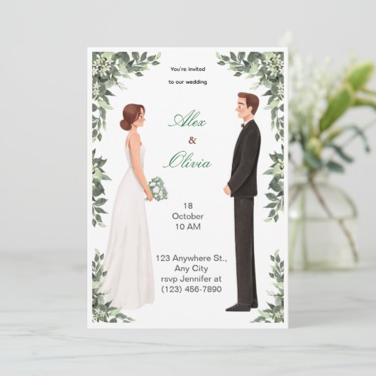 Elegant Illustrated Wedding Invitation Kaart (Staand voorkant)