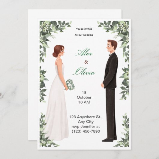 Elegant Illustrated Wedding Invitation Kaart (Voorkant / Achterkant)