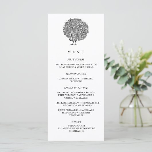 Elegant  Illustratie Peacock Wedding Menu (Staand voorkant)