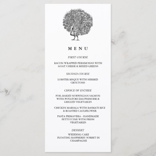 Elegant  Illustratie Peacock Wedding Menu (Voorkant)