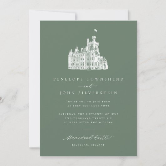 Elegant Illustration Sage Green Castle Wedding Kaart (Voorkant)