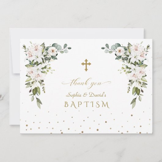 Elegant Imperial Lilies Rozen Gold Twins Baptisme Bedankkaart (Voorkant)