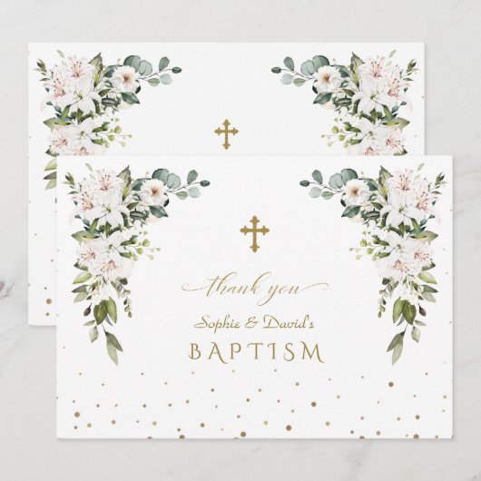 Elegant Imperial Lilies Rozen Gold Twins Baptisme Bedankkaart (Voorkant / Achterkant)
