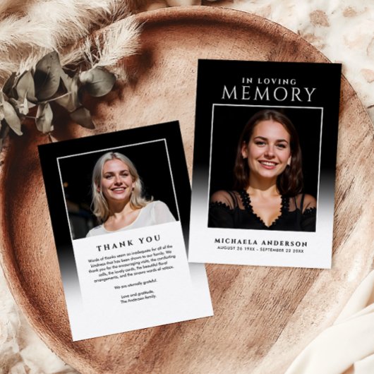 Elegant in liefdevolle herinnering 2-foto begrafen bedankkaart