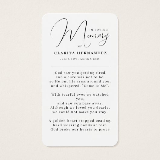 Elegant in liefdevolle herinnering Foto begrafenis Visitekaartje (Achterkant)