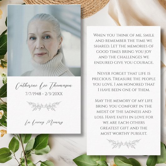 Elegant In Loving Memory Floral Photo Prayer Card Visitekaartje