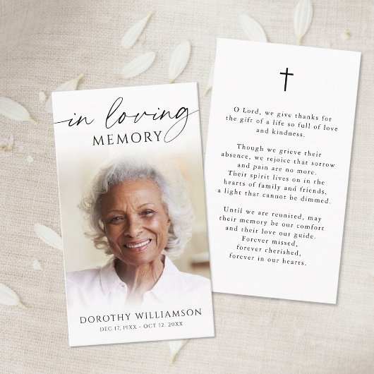 Elegant In Loving Memory Photo Cross Prayer Card Visitekaartje