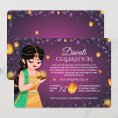 Elegant Indian Girl Floating Lantern Purple Diwali Kaart (Voorkant / Achterkant)