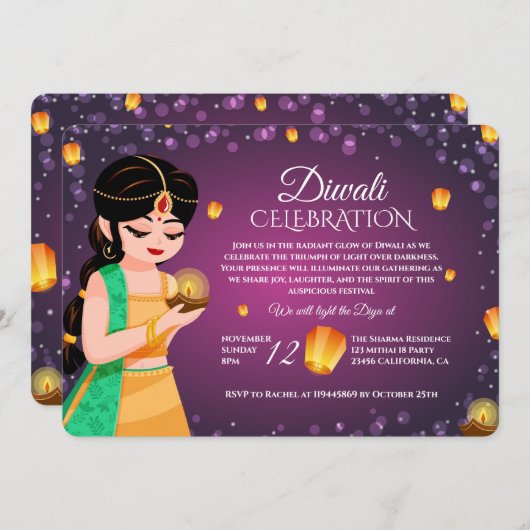 Elegant Indian Girl Floating Lantern Purple Diwali Kaart (Voorkant / Achterkant)