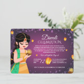 Elegant Indian Girl Floating Lantern Purple Diwali Kaart (Staand voorkant)