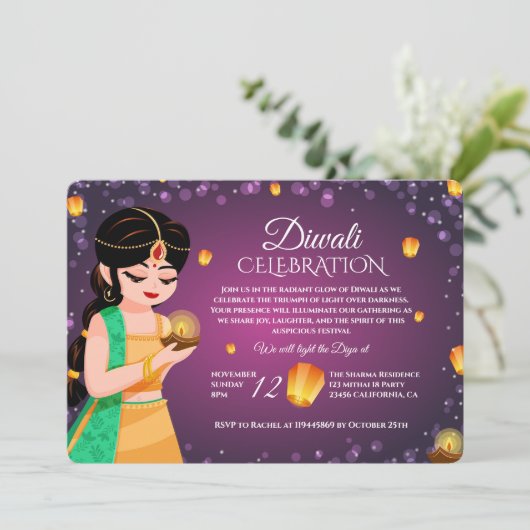 Elegant Indian Girl Floating Lantern Purple Diwali Kaart (Staand voorkant)